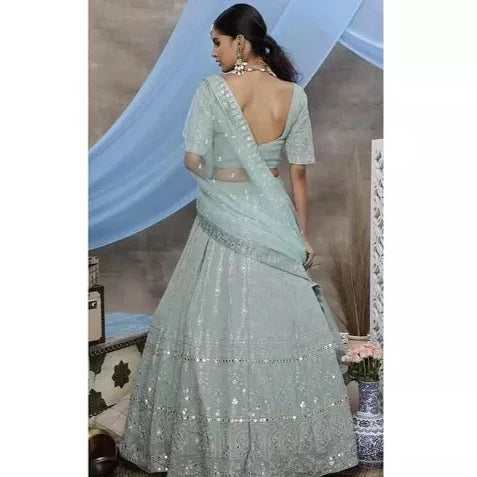 Dusty green georgette embroidered party wear lehenga choli (D375)