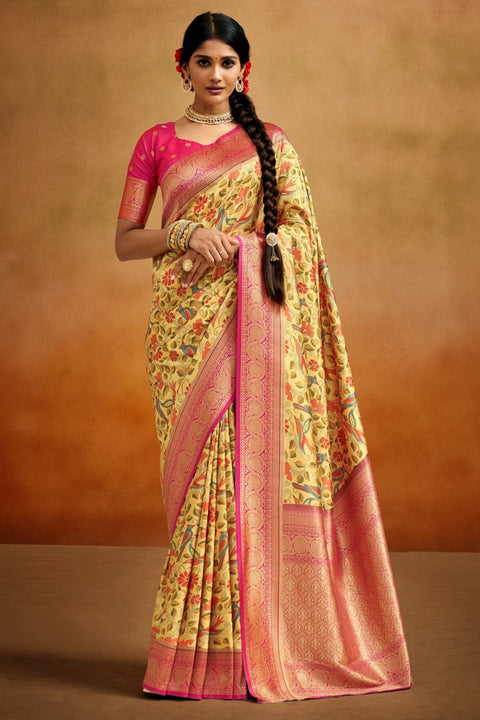 Yellow Kalamkari Banarasi Silk Jacquard Woven With Digital Print Saree With Blouse (D740)