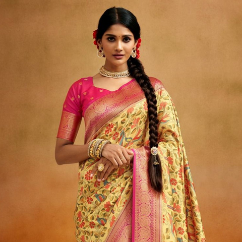Yellow Kalamkari Banarasi Silk Jacquard Woven With Digital Print Saree With Blouse (D740)