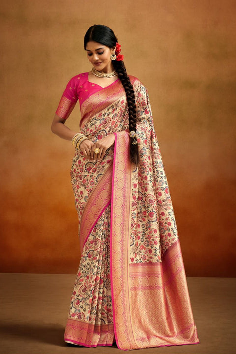 Beige Kalamkari Banarasi Silk Jacquard Woven With Digital Print Saree With Blouse (D738)