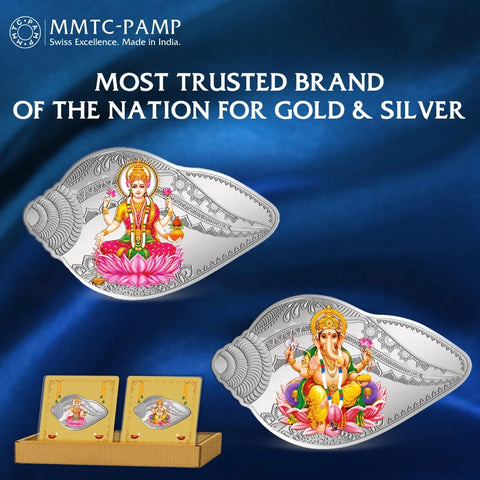 999 Silver Purity Laxmi Ganesh Shankh Design 25+25 Grams Coin (2 Set Coins) (D59)