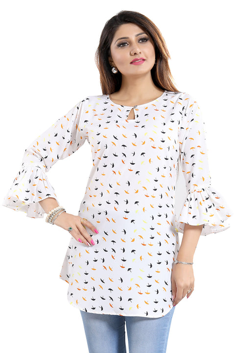 Glow All The Way White Poly Crepe Apple Bottom Printed Kurti with Frilled Sleeves For Women (K940)