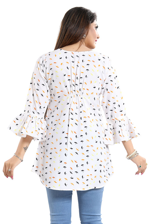 Glow All The Way White Poly Crepe Apple Bottom Printed Kurti with Frilled Sleeves For Women (K940)