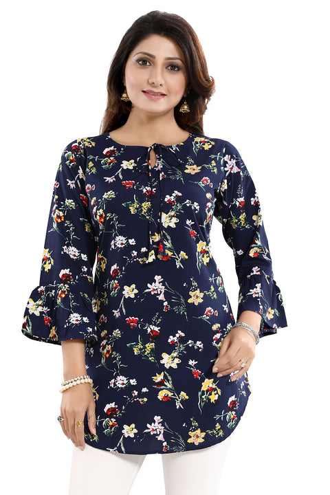 Nice Navy Blue Poly Crepe Printed Short Tunic Top with Frill Detailing For Women (K938)