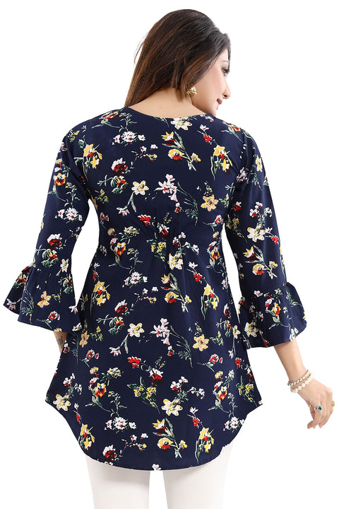 Nice Navy Blue Poly Crepe Printed Short Tunic Top with Frill Detailing For Women (K938)