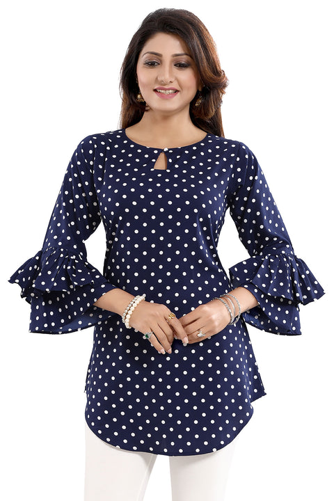 Polka Dot Poly Crepe Apple Bottom Short Tunic Top With Frilled Sleeves For Women (K939)