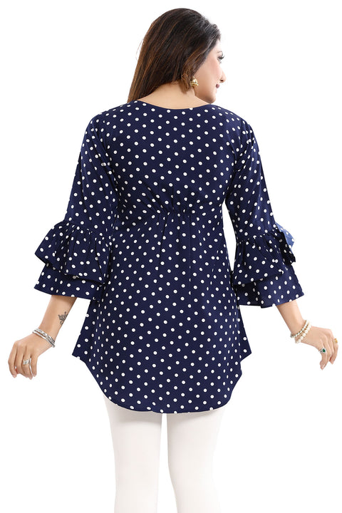 Polka Dot Poly Crepe Apple Bottom Short Tunic Top With Frilled Sleeves For Women (K939)