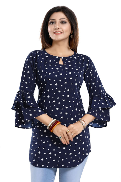 Star Attire Blue Poly Crepe Short Kurti with Frilled Sleeves (K937)
