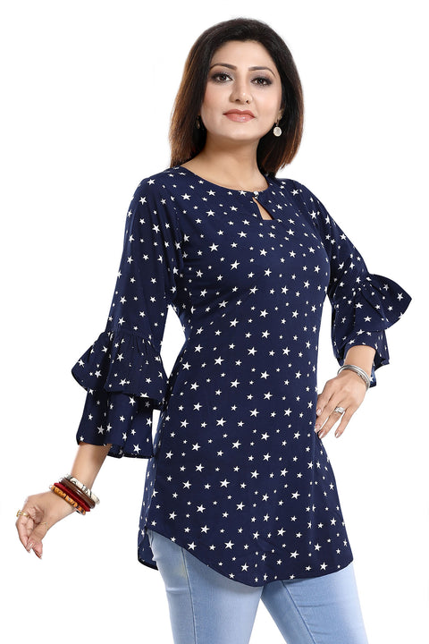 Star Attire Blue Poly Crepe Short Kurti with Frilled Sleeves (K937)