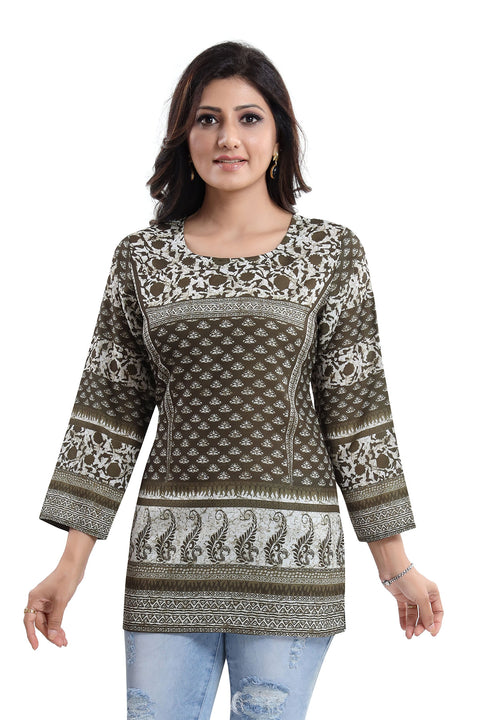 Admirable Mehendi Green Summer Cool Printed Short Kurti Tunic Top For Women (K943)