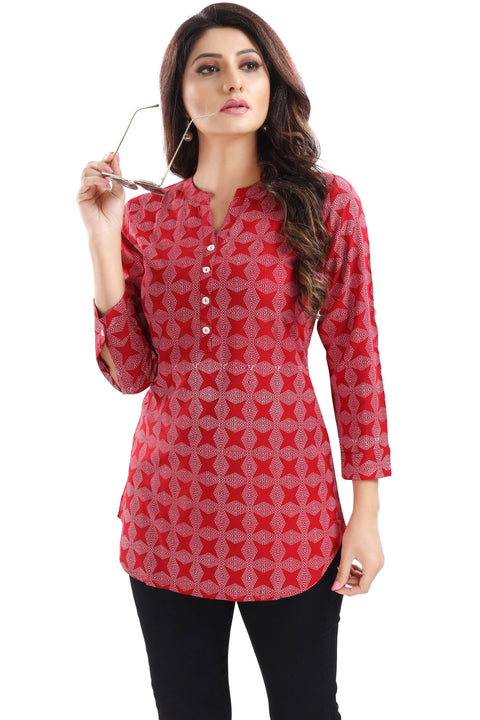 Supreme Style Red Rayon Cotton Geometric Print Short Tunic Top (K967)