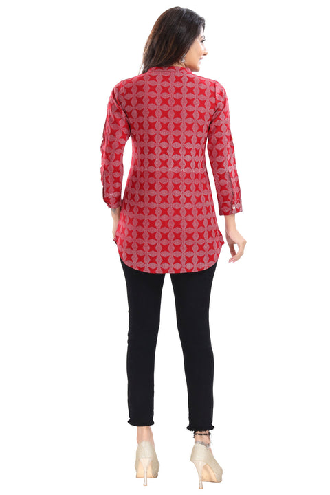 Supreme Style Red Rayon Cotton Geometric Print Short Tunic Top (K967)