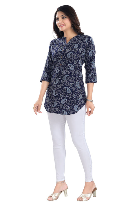 Ethnic Poly Crepe Navy Blue Short Tunic Top for Women (K976)