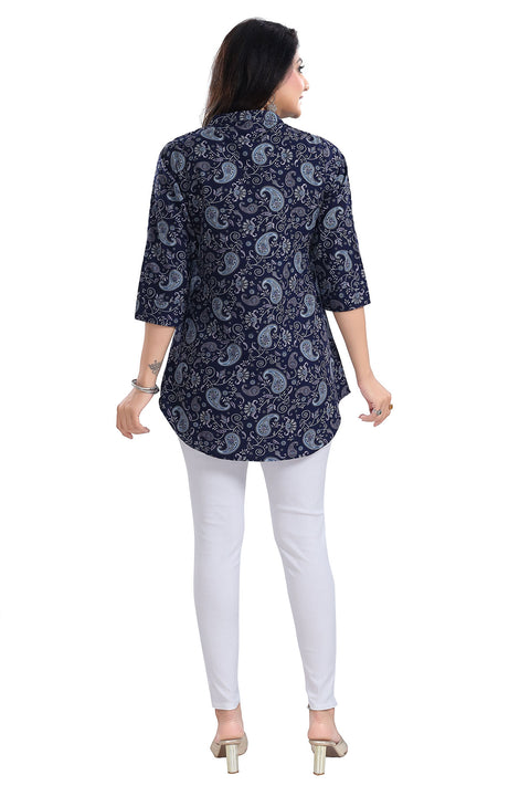 Ethnic Poly Crepe Navy Blue Short Tunic Top for Women (K976)