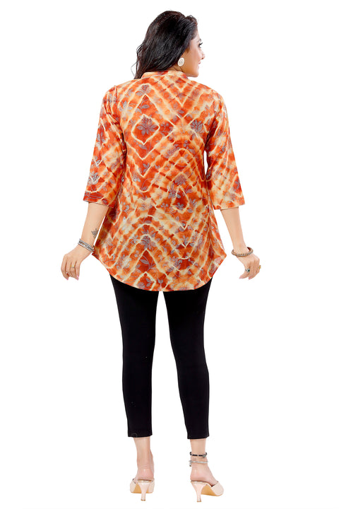 Print Perfect Short Length Cotton Chanderi Mustard Tunic Top for Modern Woman (K974)