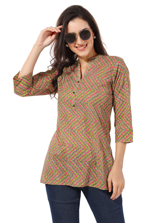 Casual Craze Brown Cotton Printed Short Tunic Top For Women (K946)