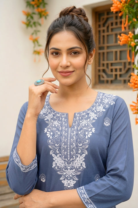 Gracious Grey Rayon Chikankari Embroidery Short Kurti  (D2080)