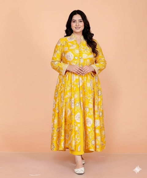 Indo Western Plus Size 2PC set with Vertican Dress with Hand Work at Neck and Sleeves and Roman Silk Palazzo (D1688)