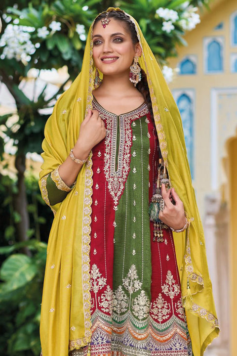 Designer Green & Red Color Suit with Salwar & Dupatta in Silk (D1066)
