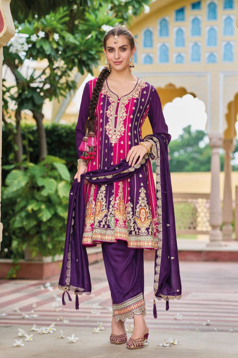 Designer Purple & Magenta Color Suit with Salwar & Dupatta in Silk (D1065)