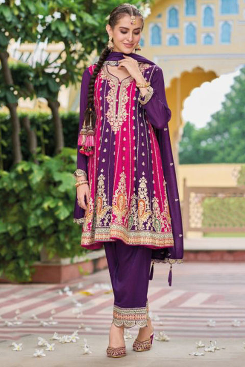 Designer Purple & Magenta Color Suit with Salwar & Dupatta in Silk (D1065)