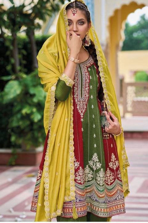 Designer Green & Red Color Suit with Salwar & Dupatta in Silk (D1066)