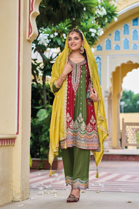 Designer Green & Red Color Suit with Salwar & Dupatta in Silk (D1066)