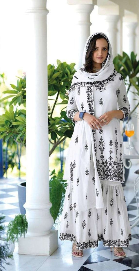 Designer White Color Suit with Sharara & Dupatta in Mal- Mal Cotton (D1012)