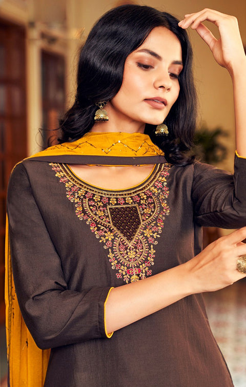 Designer Brown Color Suit with Pant & Dupatta in Parampara Silk (K598)