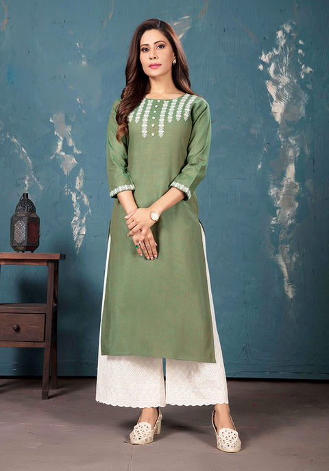Cotton Kurti with Plazzo in Green Color (K69) - PAAIE
