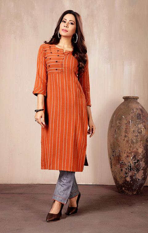 Cotton Kurti with Pant in Orange Color(K24) - PAAIE