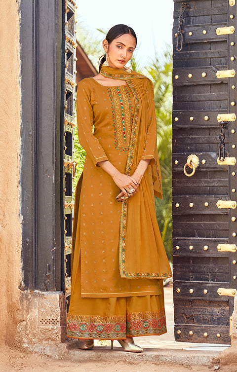 Designer Mustered Yellow Color Suit with Plazzo & Dupatta in Rayon (K583)