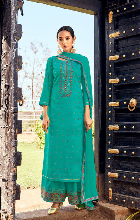 Designer Teal Green Color Suit with Plazzo & Dupatta in Rayon (K584)