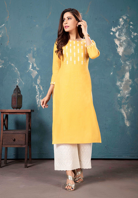 Cotton Kurti with Plazzo in Yellow Color (K67) - PAAIE