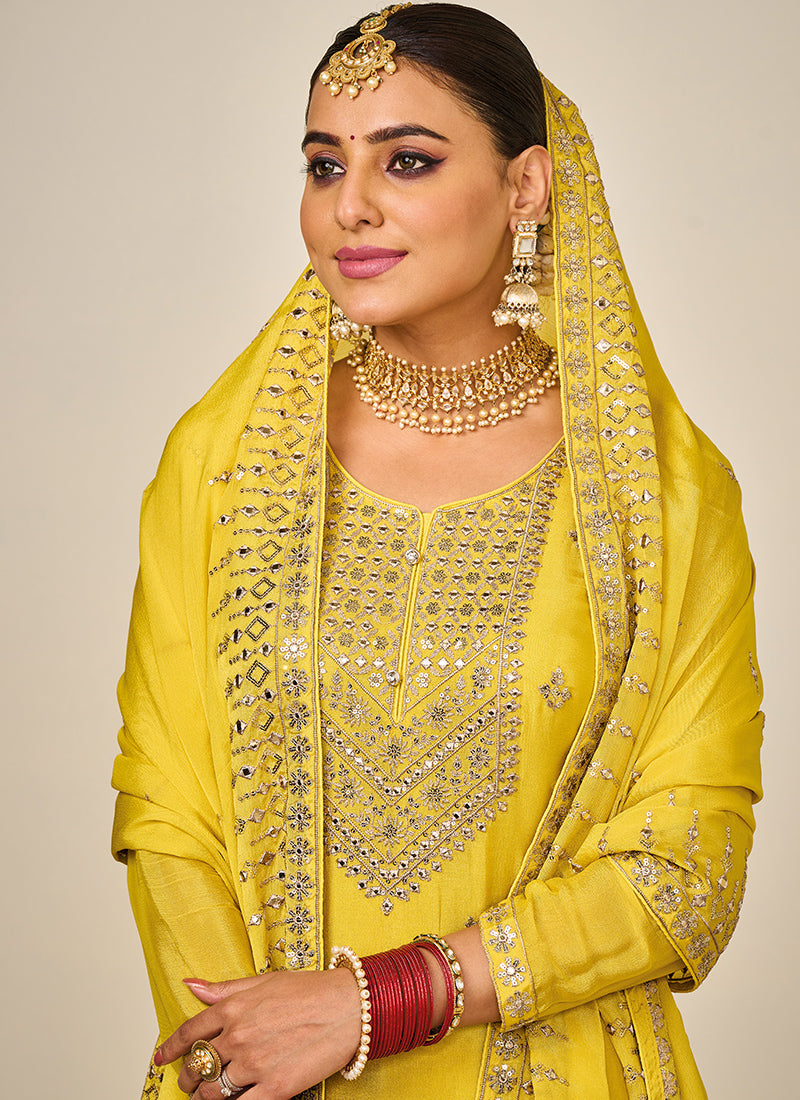 Designer Yellow Color Suit with Plazzo & Dupatta in Chinon (D828)– PAAIE