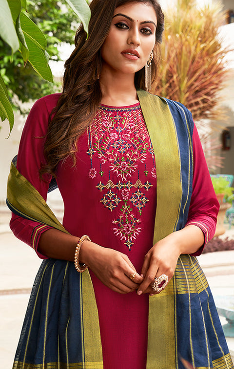 Magnificent Magenta & Blue Designer Suit with Dupatta In Modern Style (K293) - PAAIE