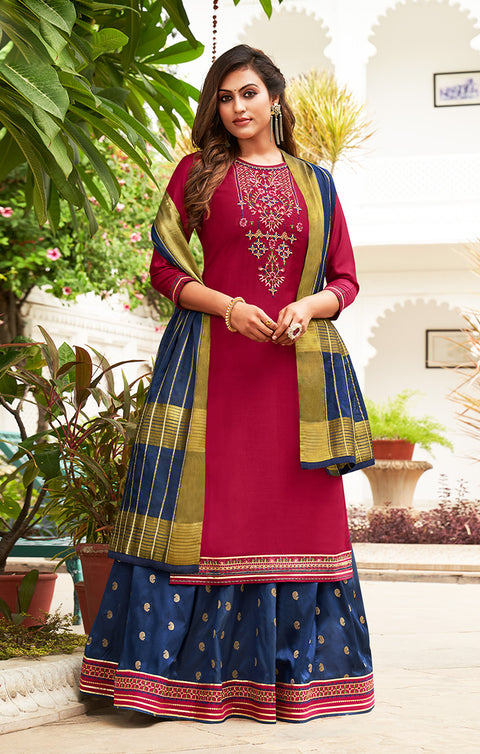 Magnificent Magenta & Blue Designer Suit with Dupatta In Modern Style (K293) - PAAIE