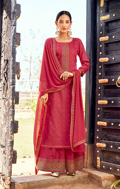 Designer Red Color Suit with Plazzo & Dupatta in Rayon (K585)