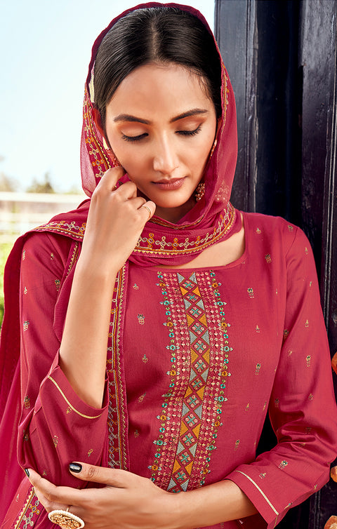 Designer Red Color Suit with Plazzo & Dupatta in Rayon (K585)