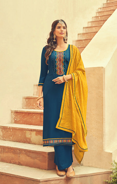 Designer Navy Blue Color Suit with Plazzo & Dupatta in Parampara Silk (K550)