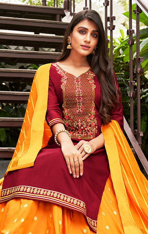Appealing Mahroon & Yellow Designer Suit with Dupatta In Modern Style (K295) - PAAIE