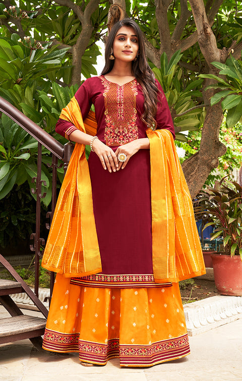 Appealing Mahroon & Yellow Designer Suit with Dupatta In Modern Style (K295) - PAAIE