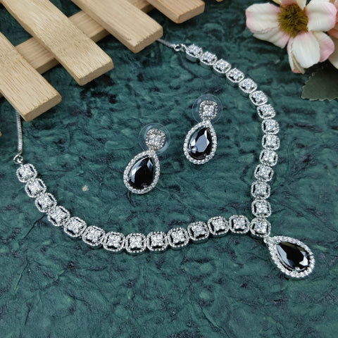 Designer Semi-Precious American Diamond Black Necklace with Earrings (D702)