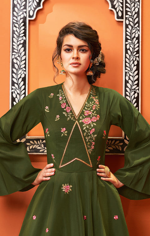 Imposing Rama Green Gown with Embroidery Work In Modern Style (K386) - PAAIE