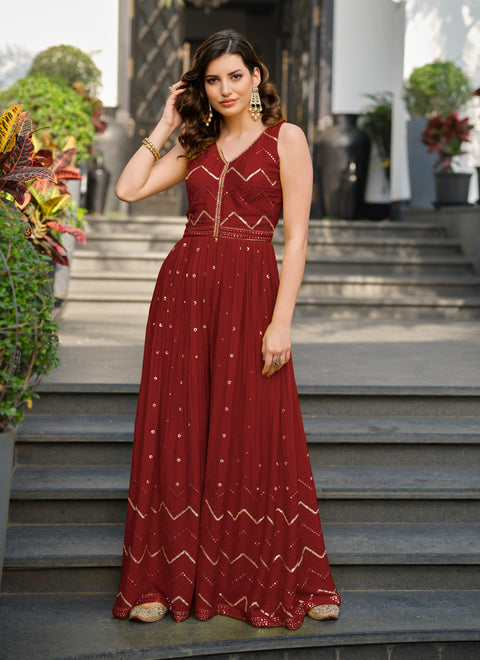 Maroon Chinnon Party Wear Embroidery Work Jumpsuit (K799)