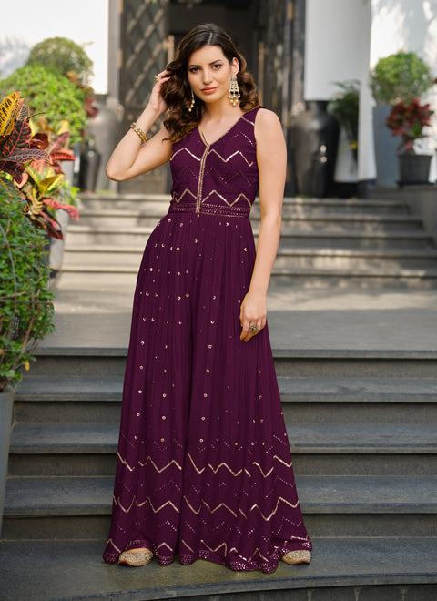Wine Chinnon Party Wear Embroidery Work Jumpsuit (K797)