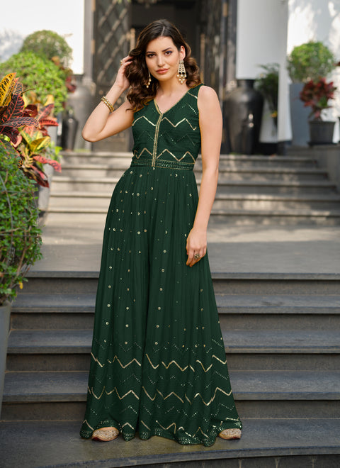 Green Chinnon Party Wear Embroidery Work Jumpsuit (K798)