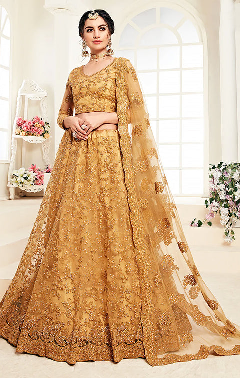 Designer The Bride Golden Color Heavy Embroidered Net Lehenga Choli (D98)