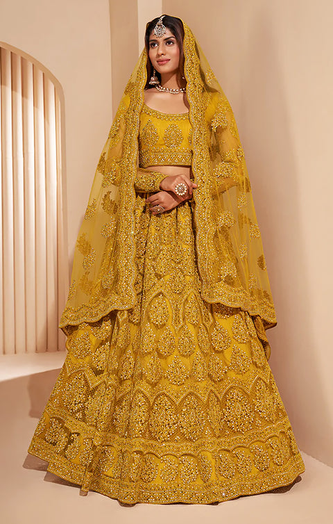 Designer Bridal Heritage Haldi Yellow Cording Embroidered Net Lehenga Choli (D87)