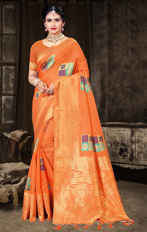 Designer Orange & Golden Color Silk Saree For Casual & Party Wear (D623)